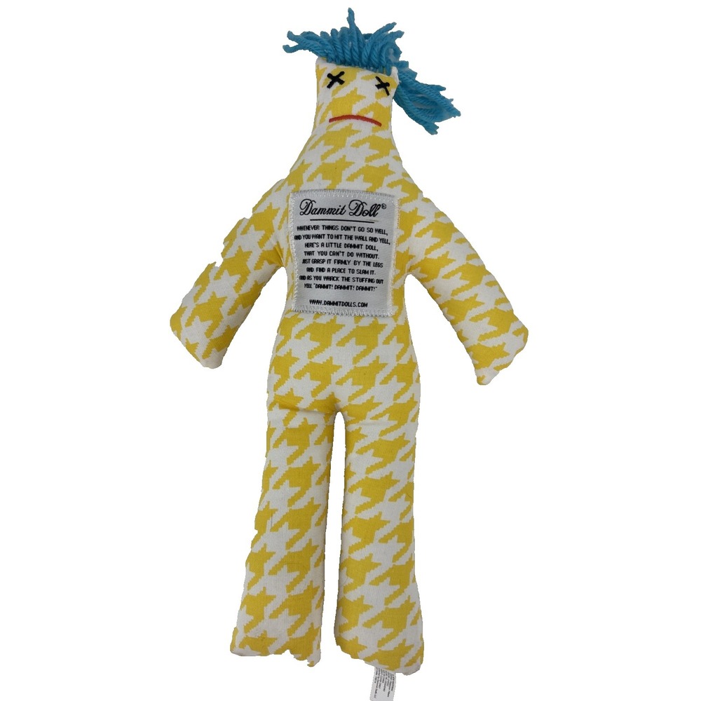 Dammit Doll 12" Plush Stress Reliever‎ Yellow White Houndstooth Print Blue Hair